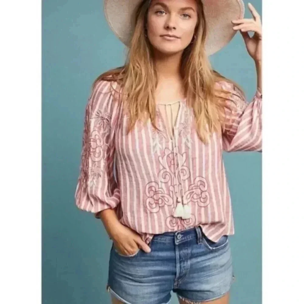 Anthropologie Akemi +Kin Audria Linen Size Small Striped Boho Blouse Top